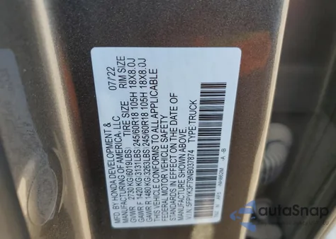 2022 Honda Ridgeline Rtl z USA, uszkodzony, nr VIN 5FPYK3F79NB037874